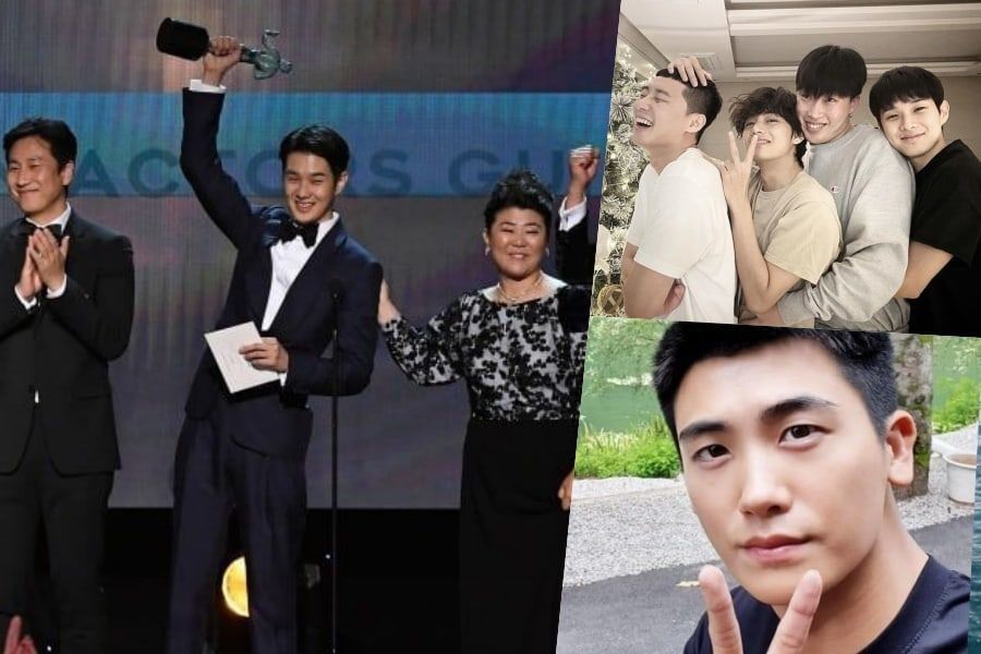 BTS V, Park Seo Joon, Park Hyung Sik et Peakboy, félicitent Choi Woo Shik pour sa victoire aux SAG Awards