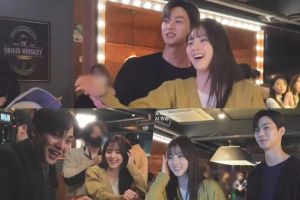 Song Kang et Han So Hee n'arrêtent pas de rire alors qu'ils se lient autour d'une partie de fléchettes sur le tournage de "Nevertheless"